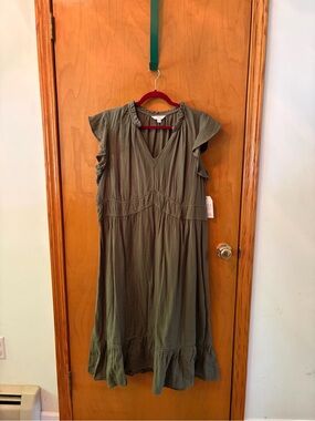 XXL Time & Tru Cloth Olive Green Ruffle-Sleeve Midi Dress